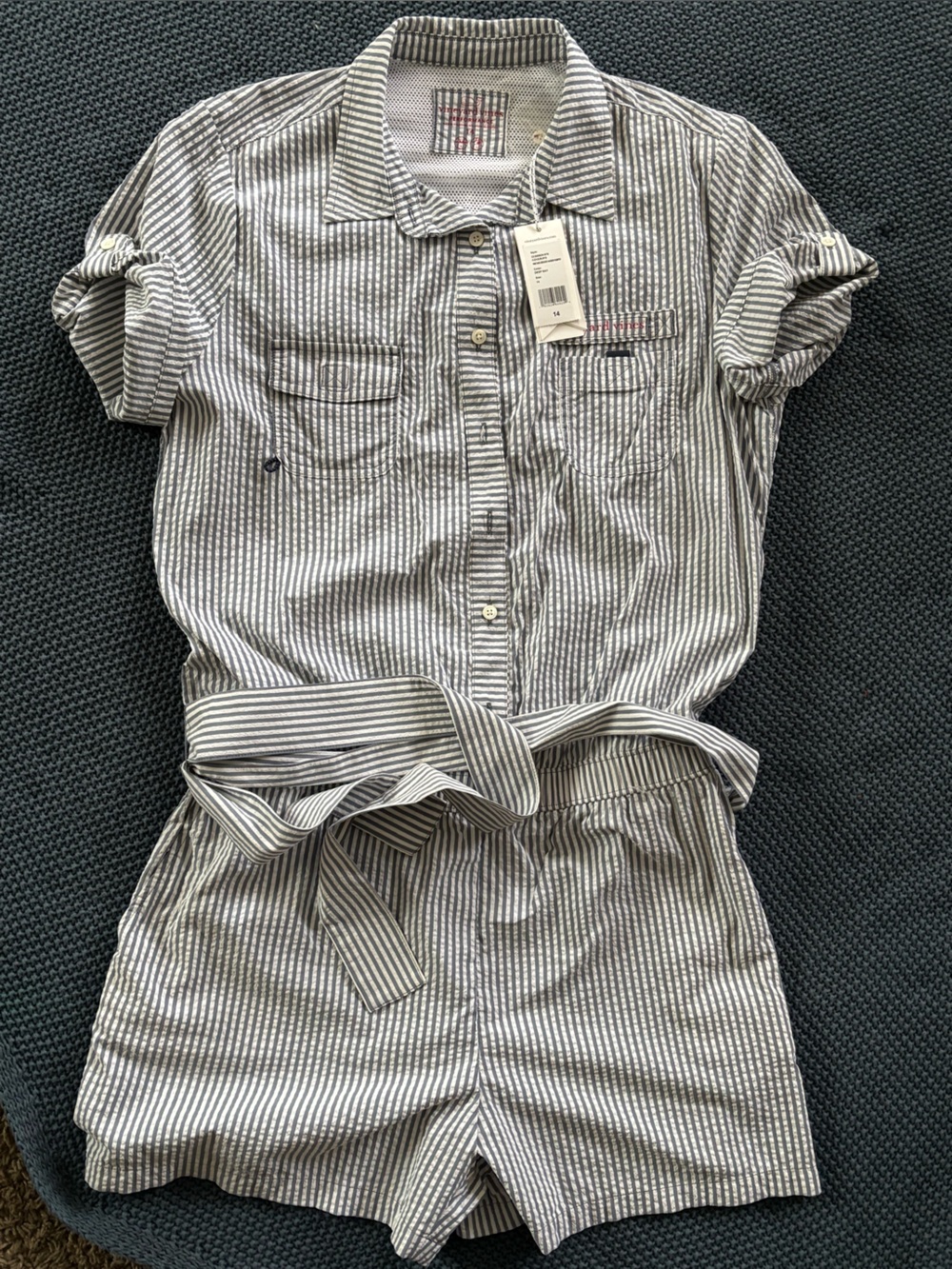 Vineyard Vines Striped Button-Front Romper in Gray and White